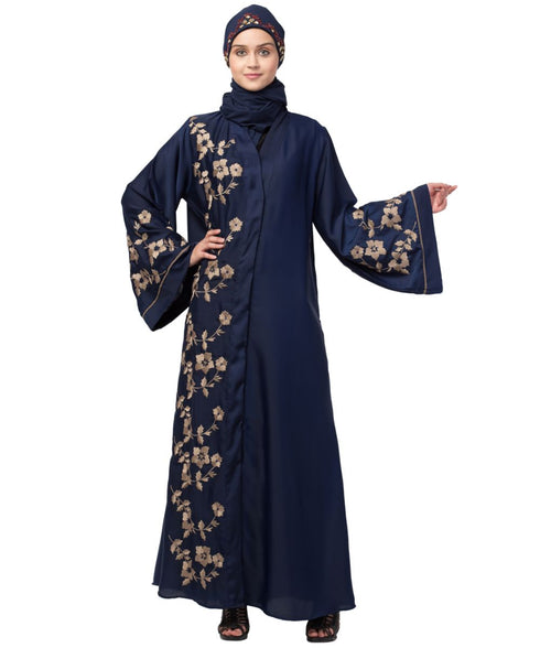Navy Blue Nida Printed Gold Floral Abaya