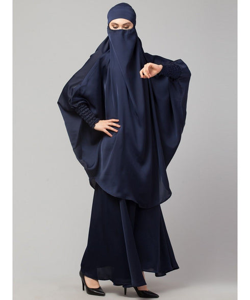 Navy Premium Shine Nida Two pc Khimer & Skirt Ready to wear Instant Hijab cum Naqab Set