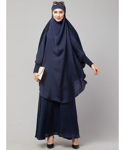 Navy Premium Shine Nida Two pc Khimer & Skirt Ready to wear Instant Hijab cum Naqab Set