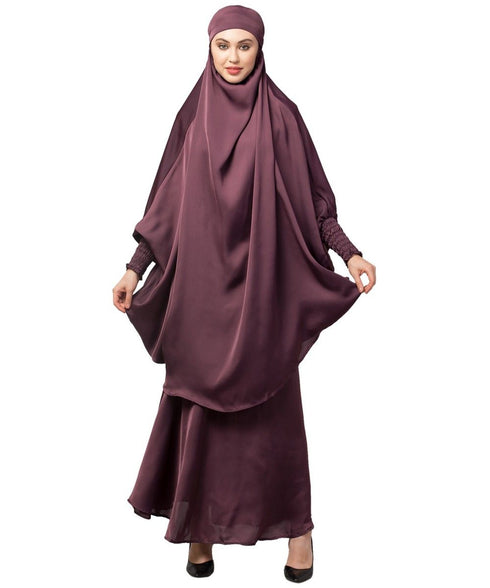 Plum Premium Shine Nida Two pc Khimer & Skirt Ready to wear Instant Hijab cum Naqab Set