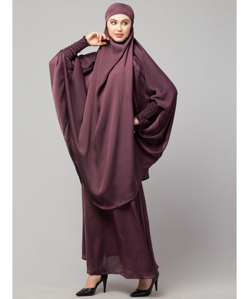 Plum Premium Shine Nida Two pc Khimer & Skirt Ready to wear Instant Hijab cum Naqab Set