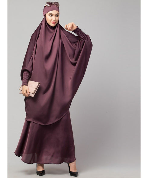 Plum Premium Shine Nida Two pc Khimer & Skirt Ready to wear Instant Hijab cum Naqab Set