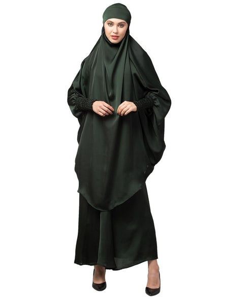 Batle Green Premium Shine Nida Two pc Khimer & Skirt Ready to wear Instant Hijab cum Naqab Set