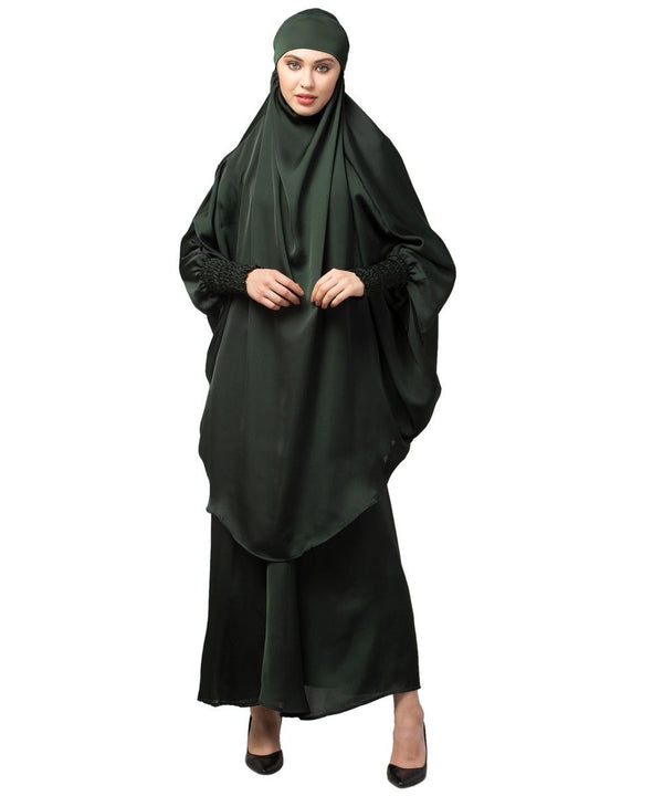 Batle Green Premium Shine Nida Two pc Khimer & Skirt Ready to wear Instant Hijab cum Naqab Set