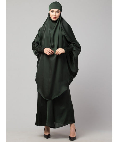 Batle Green Premium Shine Nida Two pc Khimer & Skirt Ready to wear Instant Hijab cum Naqab Set