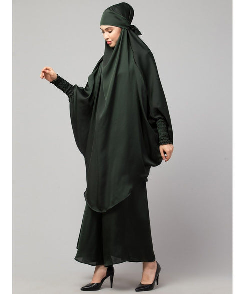 Batle Green Premium Shine Nida Two pc Khimer & Skirt Ready to wear Instant Hijab cum Naqab Set