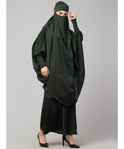 Batle Green Premium Shine Nida Two pc Khimer & Skirt Ready to wear Instant Hijab cum Naqab Set