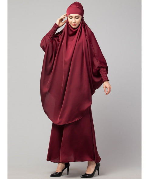 Maroon Premium Shine Nida Two pc Khimer & Skirt Ready to wear Instant Hijab cum Naqab Set