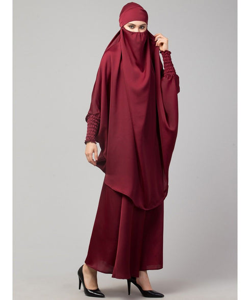 Maroon Premium Shine Nida Two pc Khimer & Skirt Ready to wear Instant Hijab cum Naqab Set