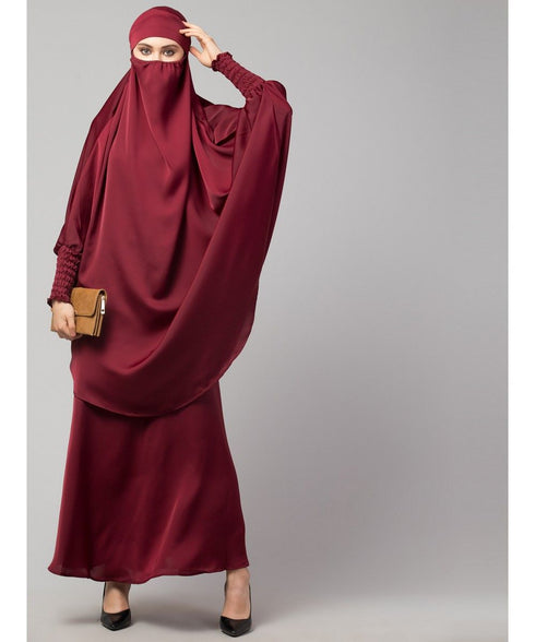 Maroon Premium Shine Nida Two pc Khimer & Skirt Ready to wear Instant Hijab cum Naqab Set