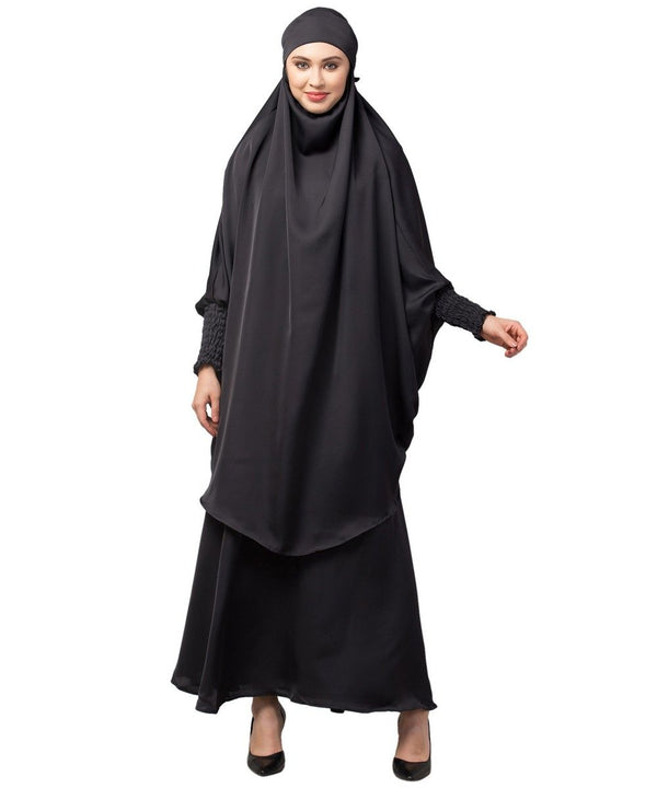 Dark Grey Premium Shine Nida Two pc Khimer & Skirt Ready to wear Instant Hijab cum Naqab Set