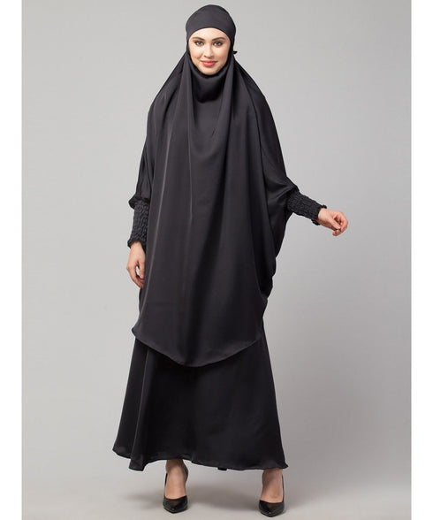 Dark Grey Premium Shine Nida Two pc Khimer & Skirt Ready to wear Instant Hijab cum Naqab Set