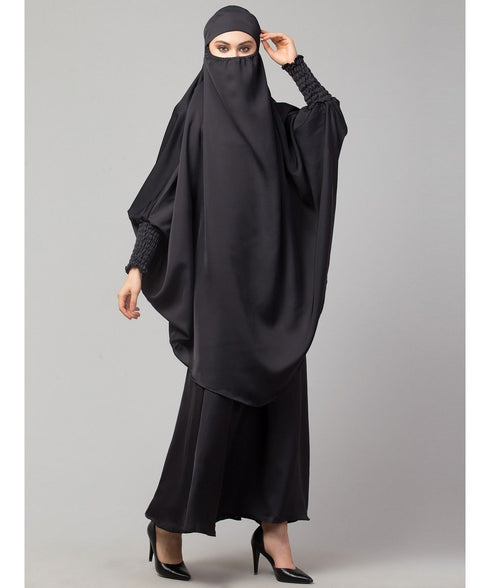 Dark Grey Premium Shine Nida Two pc Khimer & Skirt Ready to wear Instant Hijab cum Naqab Set