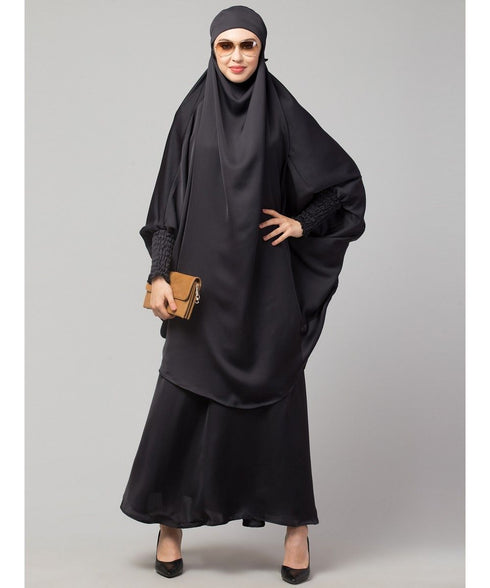 Dark Grey Premium Shine Nida Two pc Khimer & Skirt Ready to wear Instant Hijab cum Naqab Set