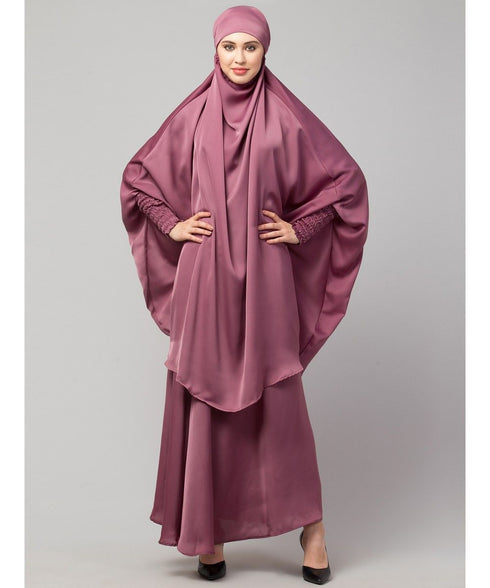 Mauve Pink Premium Shine Nida Two pc Khimer & Skirt Ready to wear Instant Hijab cum Naqab Set