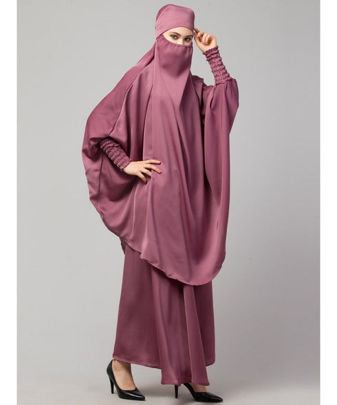 Mauve Pink Premium Shine Nida Two pc Khimer & Skirt Ready to wear Instant Hijab cum Naqab Set