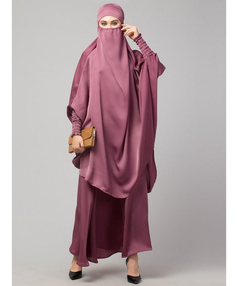 Mauve Pink Premium Shine Nida Two pc Khimer & Skirt Ready to wear Instant Hijab cum Naqab Set