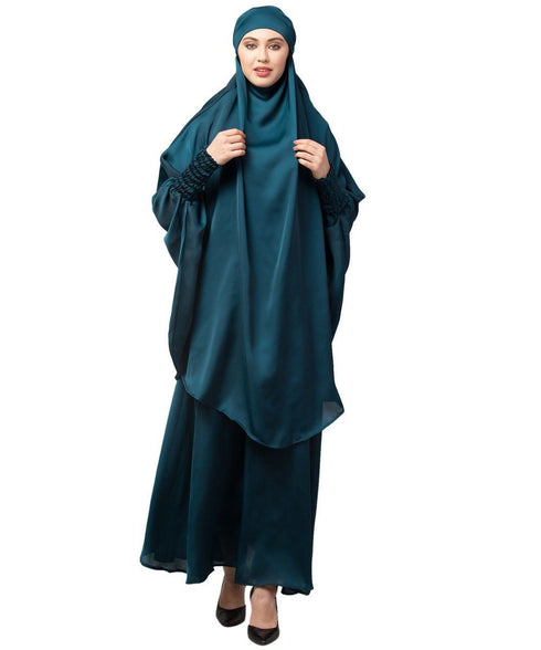 Nazneen Hijab & Naqab Set Two-Piece Full Sleeve Teal Plain