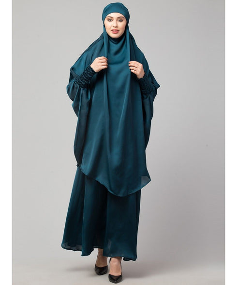 Nazneen Hijab & Naqab Set Two-Piece Full Sleeve Teal Plain