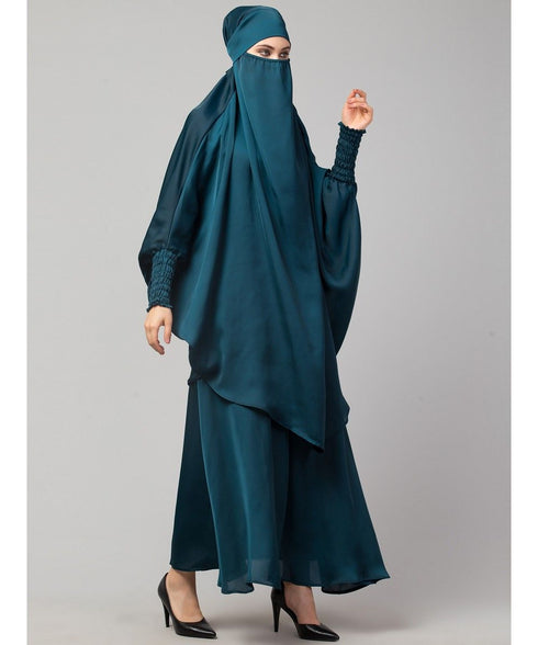 Nazneen Hijab & Naqab Set Two-Piece Full Sleeve Teal Plain