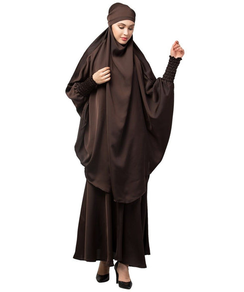 Chocolate Brown Premium Shine Nida Two pc Khimer & Skirt Ready to wear Instant Hijab cum Naqab Set