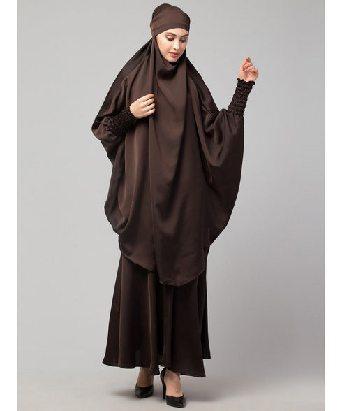 Chocolate Brown Premium Shine Nida Two pc Khimer & Skirt Ready to wear Instant Hijab cum Naqab Set