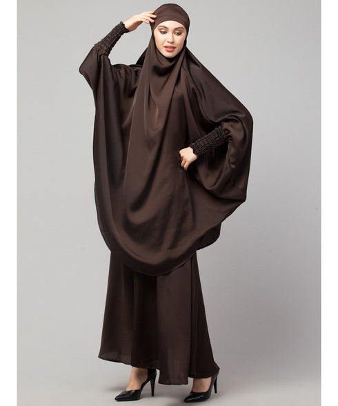 Chocolate Brown Premium Shine Nida Two pc Khimer & Skirt Ready to wear Instant Hijab cum Naqab Set