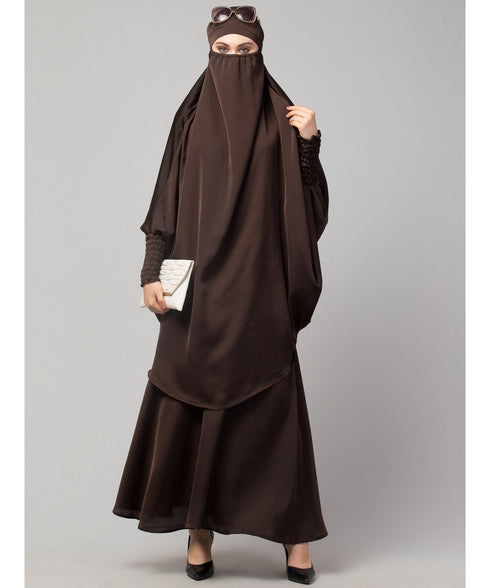 Chocolate Brown Premium Shine Nida Two pc Khimer & Skirt Ready to wear Instant Hijab cum Naqab Set