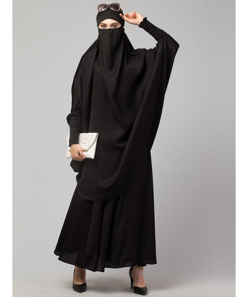 Black Premium Shine Nida Two pc Khimer & Skirt Ready to wear Instant Hijab cum Naqab Set