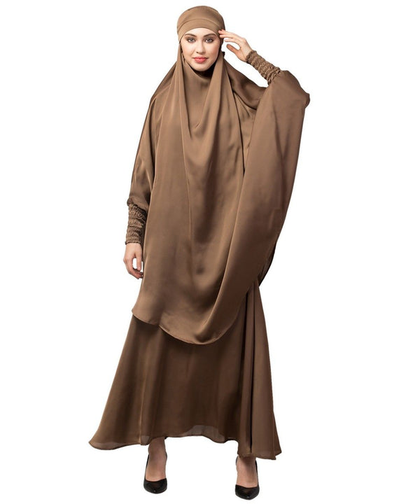 Beige Premium Shine Nida Two pc Khimer & Skirt Ready to wear Instant Hijab cum Naqab Set