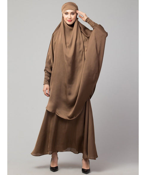 Beige Premium Shine Nida Two pc Khimer & Skirt Ready to wear Instant Hijab cum Naqab Set