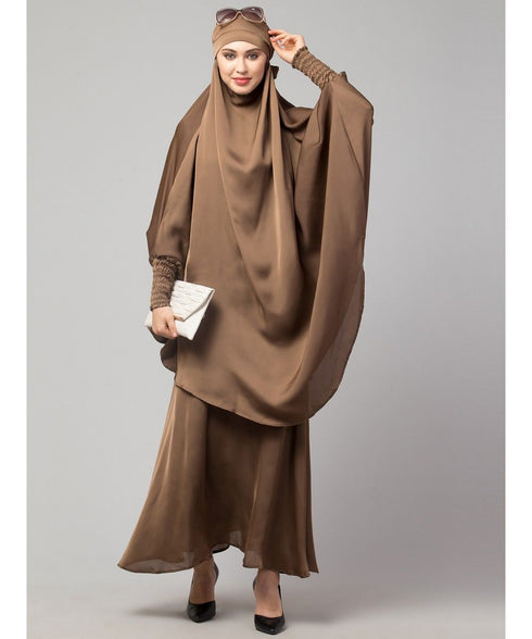 Beige Premium Shine Nida Two pc Khimer & Skirt Ready to wear Instant Hijab cum Naqab Set