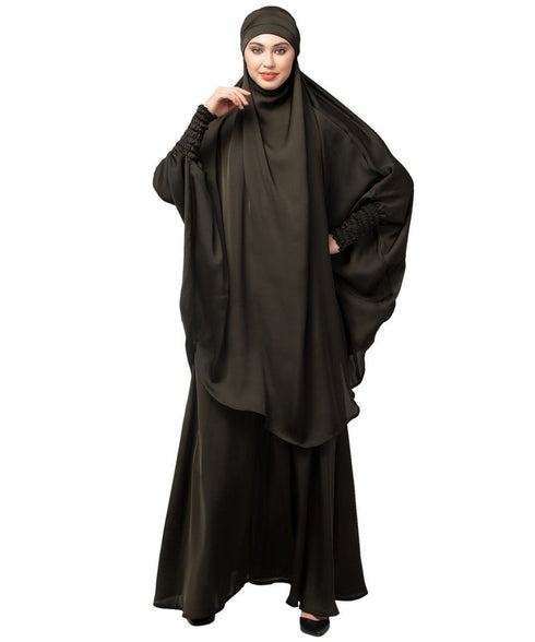 Olive Green Premium Shine Nida Two pc Khimer & Skirt Ready to wear Instant Hijab cum Naqab Set
