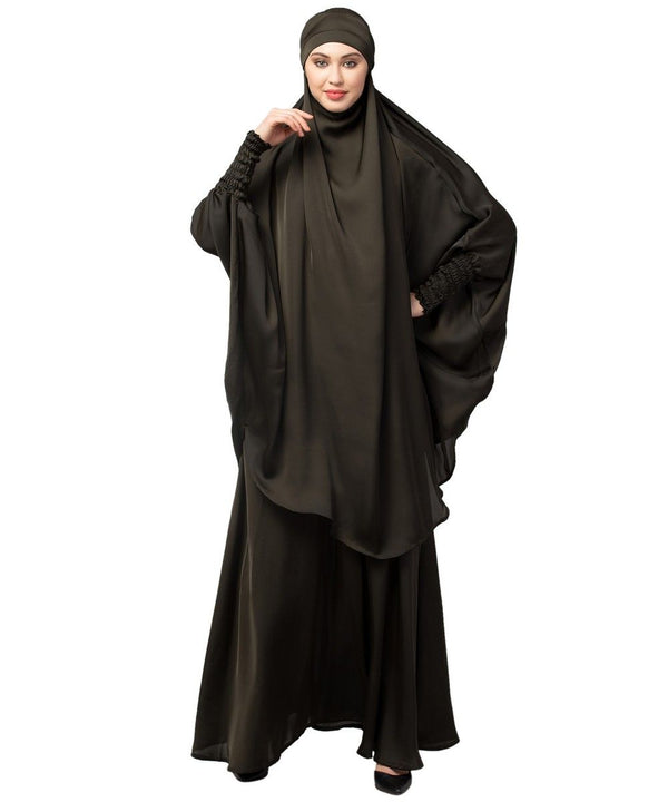 Olive Green Premium Shine Nida Two pc Khimer & Skirt Ready to wear Instant Hijab cum Naqab Set