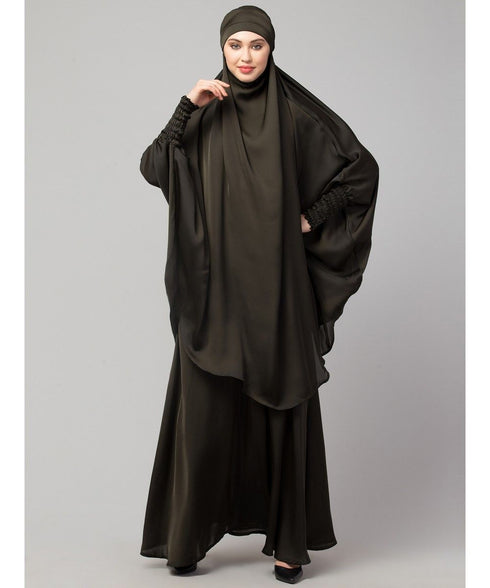 Olive Green Premium Shine Nida Two pc Khimer & Skirt Ready to wear Instant Hijab cum Naqab Set