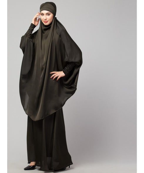 Olive Green Premium Shine Nida Two pc Khimer & Skirt Ready to wear Instant Hijab cum Naqab Set