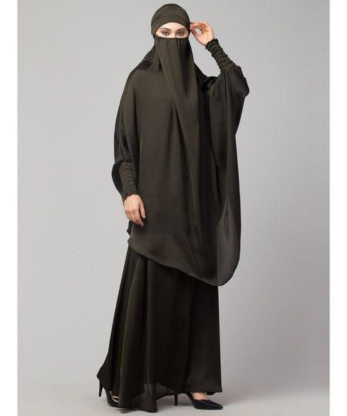 Olive Green Premium Shine Nida Two pc Khimer & Skirt Ready to wear Instant Hijab cum Naqab Set
