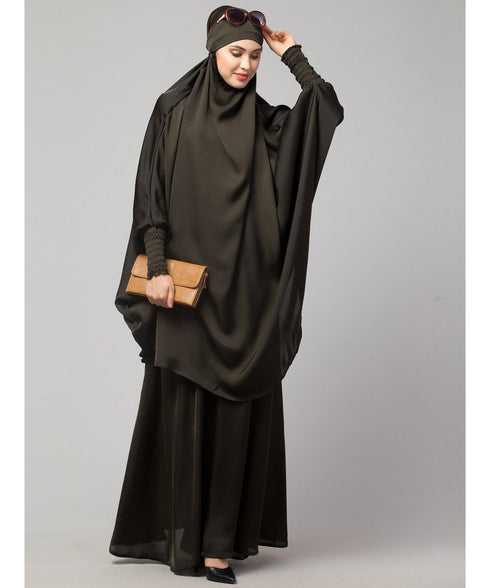 Olive Green Premium Shine Nida Two pc Khimer & Skirt Ready to wear Instant Hijab cum Naqab Set