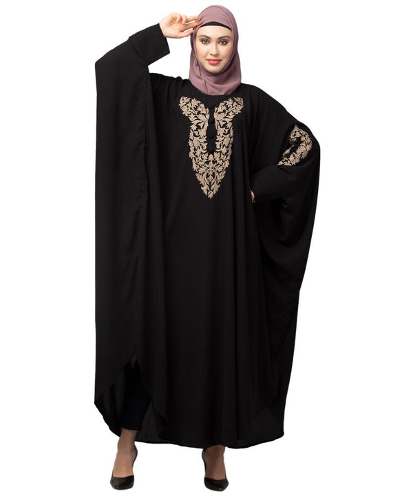 Black Matt Nida Neck and Sleeve Embroidery with Cuff free Size Kaftan
