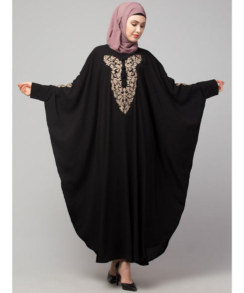 Black Matt Nida Neck and Sleeve Embroidery with Cuff free Size Kaftan