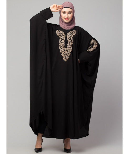 Black Matt Nida Neck and Sleeve Embroidery with Cuff free Size Kaftan