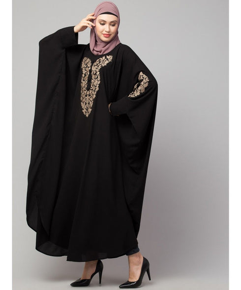 Black Matt Nida Neck and Sleeve Embroidery with Cuff free Size Kaftan