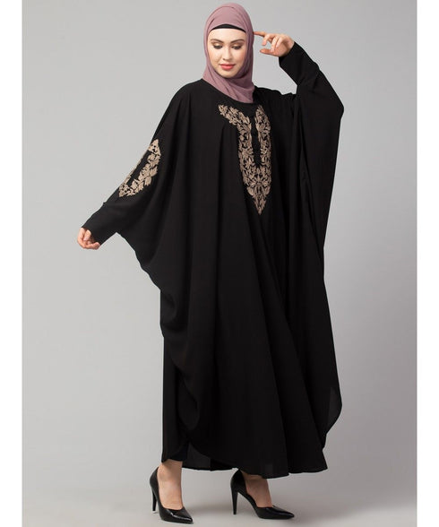 Black Matt Nida Neck and Sleeve Embroidery with Cuff free Size Kaftan