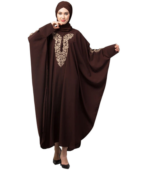 Brown Matt Nida Neck and Sleeve Embroidery with Cuff free Size Kaftan