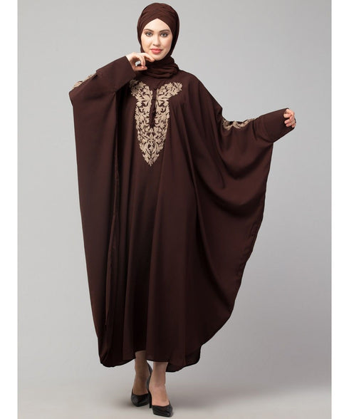 Brown Matt Nida Neck and Sleeve Embroidery with Cuff free Size Kaftan