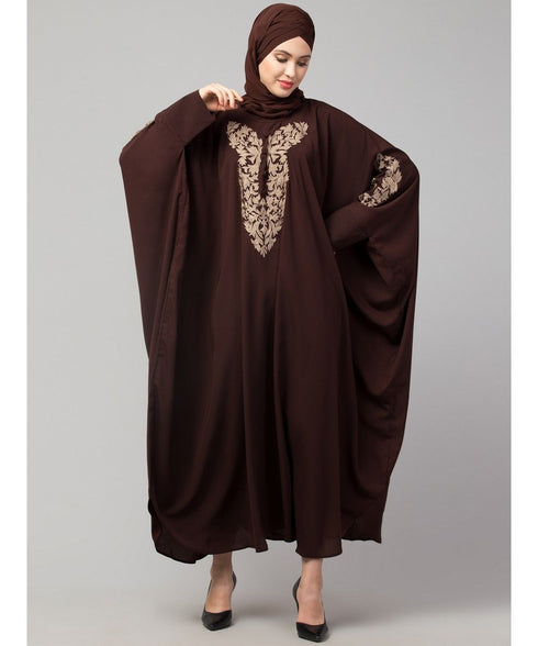 Brown Matt Nida Neck and Sleeve Embroidery with Cuff free Size Kaftan