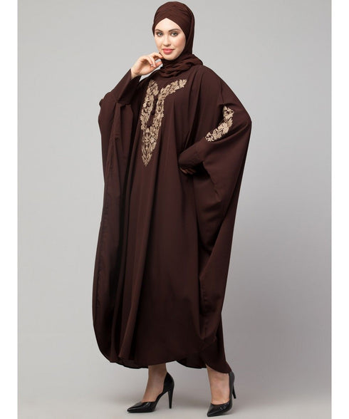 Brown Matt Nida Neck and Sleeve Embroidery with Cuff free Size Kaftan