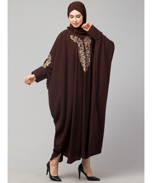 Brown Matt Nida Neck and Sleeve Embroidery with Cuff free Size Kaftan