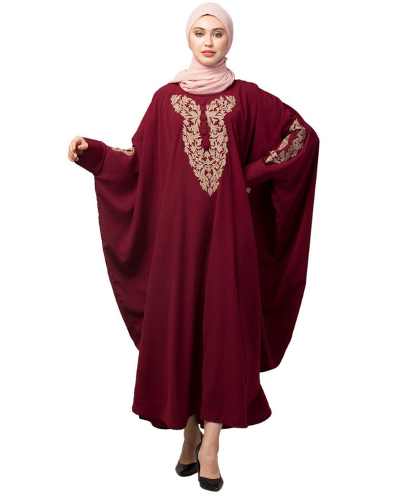 Maroon Matt Nida Neck and Sleeve Embroidery with Cuff free Size Kaftan