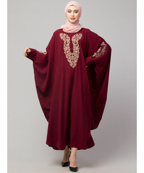 Maroon Matt Nida Neck and Sleeve Embroidery with Cuff free Size Kaftan